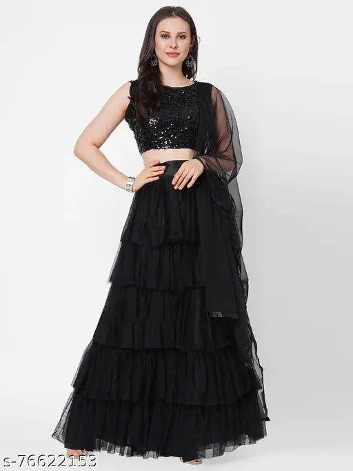 Black nylon net semi-stitched ceremonial lehenga choli with dupatta, embellished choli work for stylish Indian traditional wear