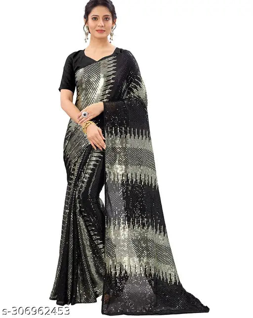 Georgette heavy fancy color full sequence work saree with plain satin Benglori silk blouse, free size, Indian origin