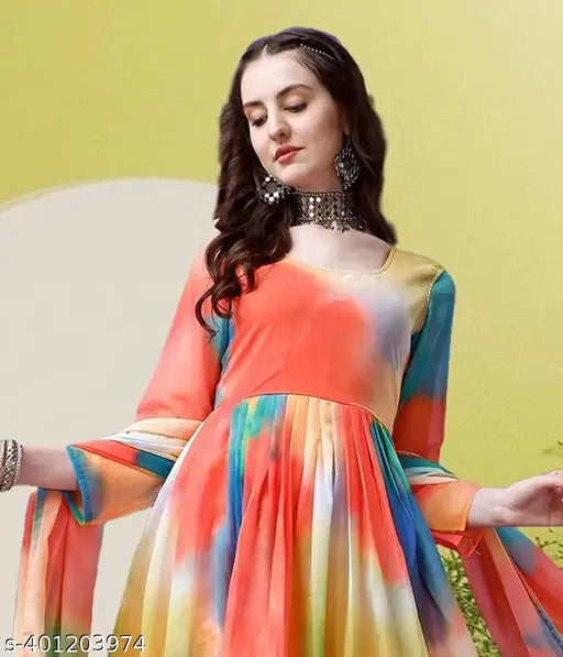 Women's printed Georgette Anarkali gown with long sleeves, featuring digital print work for smart casual, latest, trending fashion. Made from soft and smooth georgette fabric. Indian-origin designer piece