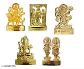 Gold-plated brass statue set: Maa Durga, Ramdarbar Hanuman, Shankar, Standing Laxmi Ganesh - Indian spiritual religious showpiece, 7cm x 11cm