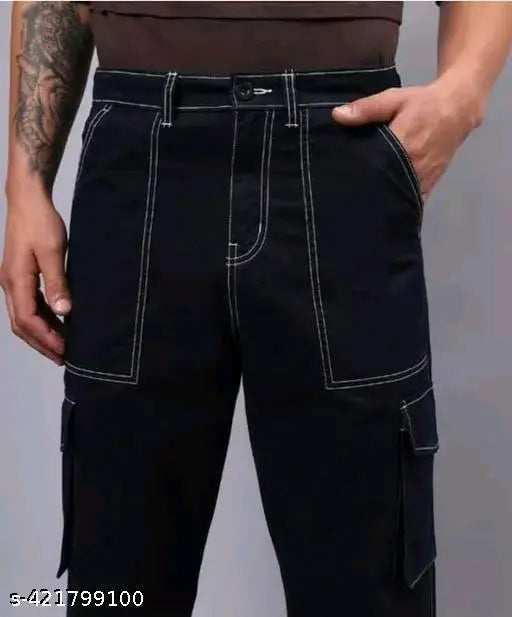 Black denim 6-pocket men's jeans, solid pattern, size 28x35 from India