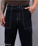 Black denim 6-pocket men's jeans, solid pattern, size 28x35 from India