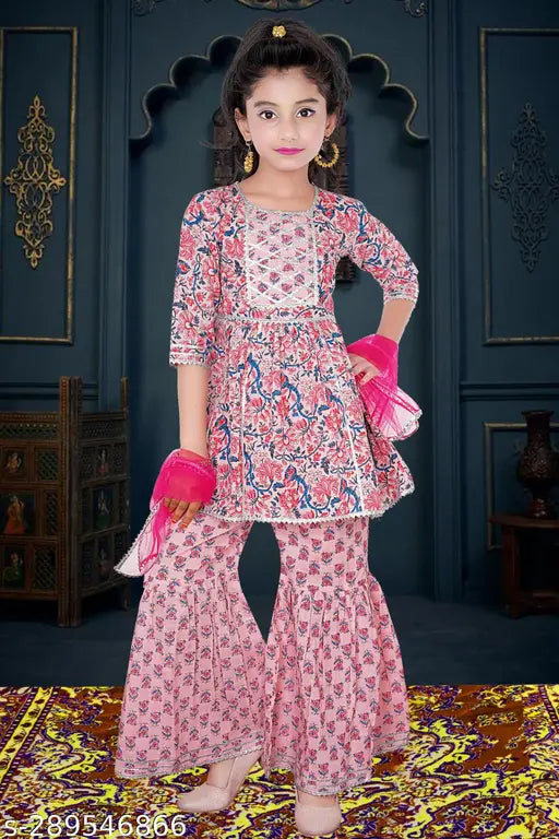 Cotton silk printed kurta sharara set with dupatta for girls, Indian fashion wear with lace embellishments, season and occasion versatile