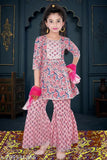 Cotton silk printed kurta sharara set with dupatta for girls, Indian fashion wear with lace embellishments, season and occasion versatile