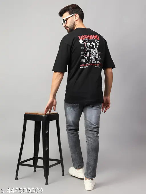 Mens oversized cotton T-shirt, round neck, stylish print - high-quality, soft, durable, breathable, comfortable, casual wear, drop-shoulder design, made in India