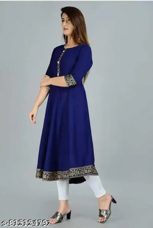 Nevy Blue Anarkali Kurti: Rayon, lace-bordered daily wear for women with three-quarter sleeves, high-quality craftsmanship