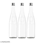 Clear pack of 3 Hari Enterprise Glass Beverage Bottles, leak-proof caps - ideal for water, soda, oil, vinegar, or beer. Made in India, BPA-free, reusable, and eco-friendly