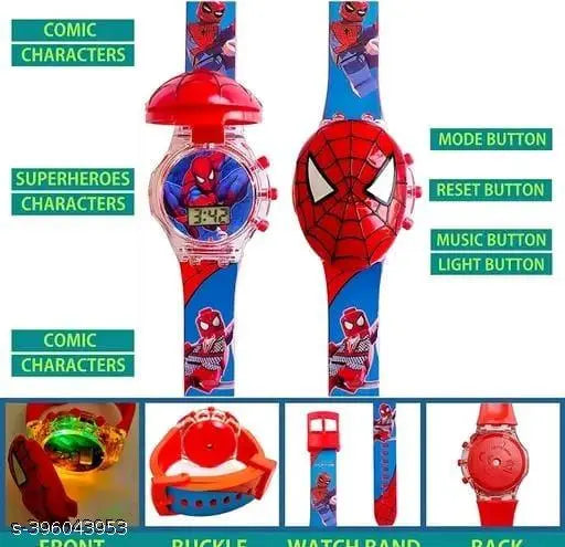 Blue silicone Spiderman Disco Light digital watch for kids, featuring glowing LEDs and built-in music player. Ideal unisex accessory from India