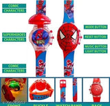 Blue silicone Spiderman Disco Light digital watch for kids, featuring glowing LEDs and built-in music player. Ideal unisex accessory from India