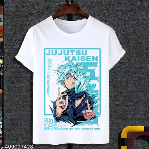 Polycotton anime-themed round neck t-shirt for kids, featuring SATURO GOJO design, short sleeves, sizes S-XL. Made in India