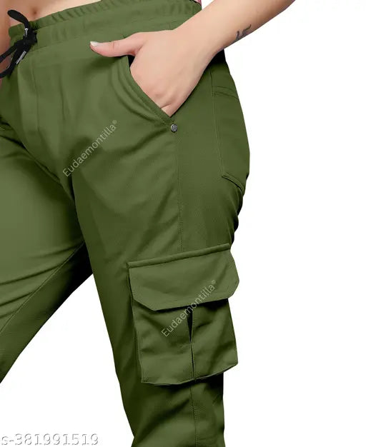 Mehandi green cargo pants, polycotton, elastic waist, 6 pockets, casual wear