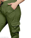 Mehandi green cargo pants, polycotton, elastic waist, 6 pockets, casual wear