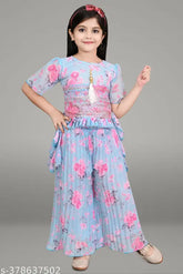 Aqua Blue Chiffon A-line Palazzo Set, embellished with embroidery for kids aged 0-11 years, India