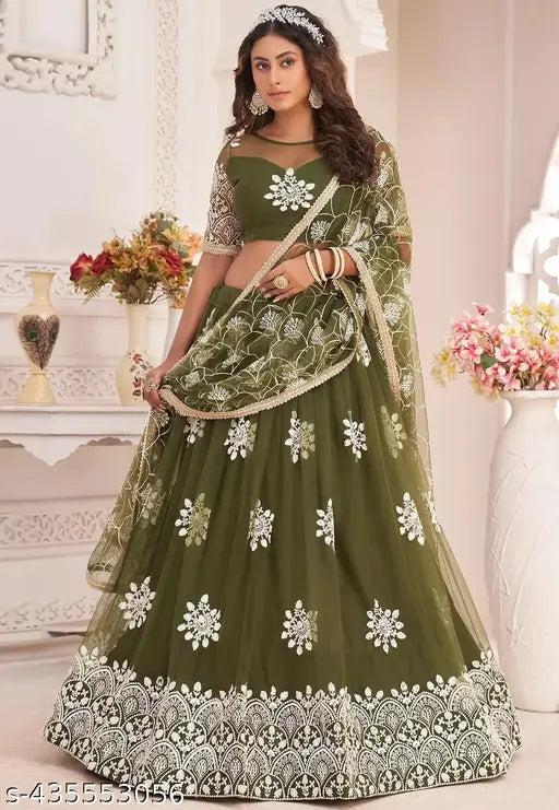 Dark green embroidered semi-stitched lehenga with free size, net fabric bottom & dupatta