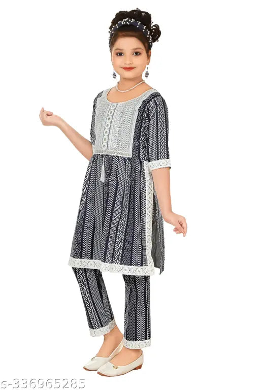 Trendy Girls black cotton blend palazzos with printed knee-length top and no dupatta - Size 5-6, 6-7, 7-8 years old - Indian fashion for kids