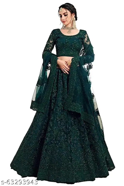 Embroidered net lehenga ensemble with heavy chain work and diamond detail, semi-stitched, size up to 42 inches. India origin