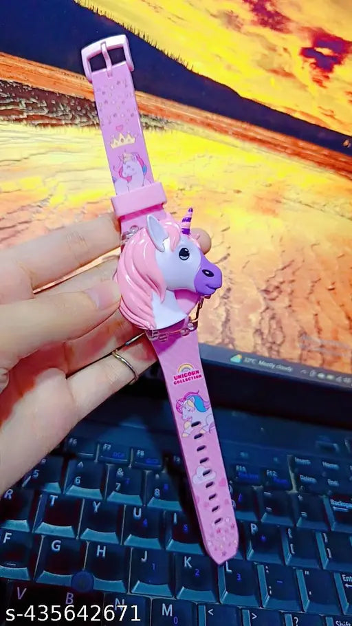 Pink silicone UNICORN CAP 3D music watch for kids, glowing dial & unicorn face cover
