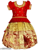 Dupion silk, embroidered Lehenga Choli set for kids girls (16in-22in), traditional Pattu Pavadai style, suitable for festivals and parties