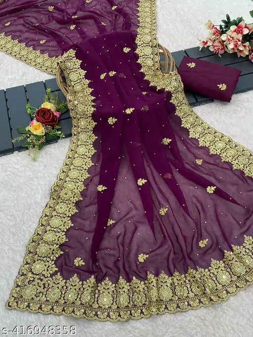 Golden Georgette Embroidered Work Saree with Separate Bangalore Silk Blouse, Indian exclusive fancy stylish saree