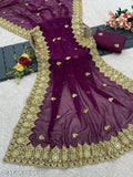 Golden Georgette Embroidered Work Saree with Separate Bangalore Silk Blouse, Indian exclusive fancy stylish saree