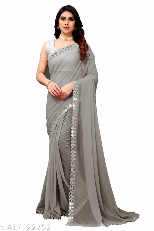 Handmade Georgette cut saree with Aari work, solid blouse in Indian free size (5.5m x 0.8m)