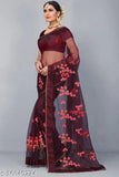 Soft net Bollywood-style saree, floral embroidered with Moti Lace, unstitched blouse piece. Indian fashion for parties and festive wear
