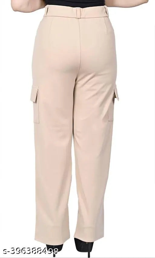 Beige cotton blend cargo trousers for women, solid net, regular fit, size 28 (28-37-28), India origin
