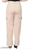 Beige cotton blend cargo trousers for women, solid net, regular fit, size 28 (28-37-28), India origin