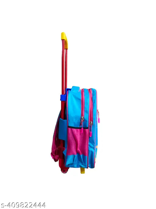 Blue multicolor waterproof polyester school trolley bag, 25L capacity, suitable for kids. Durable and stylish Indian Riders Zoo-themed design with adjustable shoulder straps
