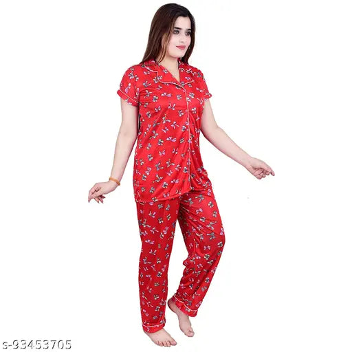Red boo print satin night suit set for women, high-quality polyester and spandex fabric