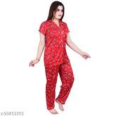 Red boo print satin night suit set for women, high-quality polyester and spandex fabric
