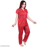 Red boo print satin night suit set for women, high-quality polyester and spandex fabric