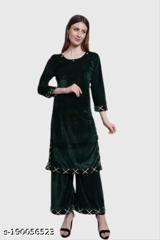 Velvet Trendy Women's Kurta Set with Palazzos, ideal for winter wear. Solid velvet fabric, perfect for Indian weather