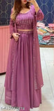 darkpink georgette embroidered long gown choli skirt for women's wedding, festival, or Bollywood attire, Indian anarkali set with matching shrug