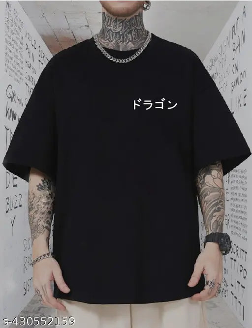 Men's black cotton graphic printed oversized half sleeve dragon t-shirt, anime-inspired fashion