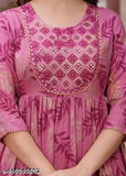 Women's Rayon Printed Anarkali Kurti and Gown, three-quarter sleeves, pink leaf design. Premium quality rayon, versatile for casual outings or festive gatherings, machine washable. India origin
