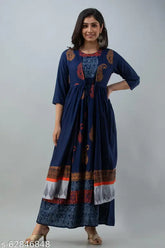 Blue printed rayon kurta with shrug jacket on model, Indian women's fashion, three-quarter sleeves, rayon fabric