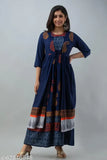 Blue printed rayon kurta with shrug jacket on model, Indian women's fashion, three-quarter sleeves, rayon fabric