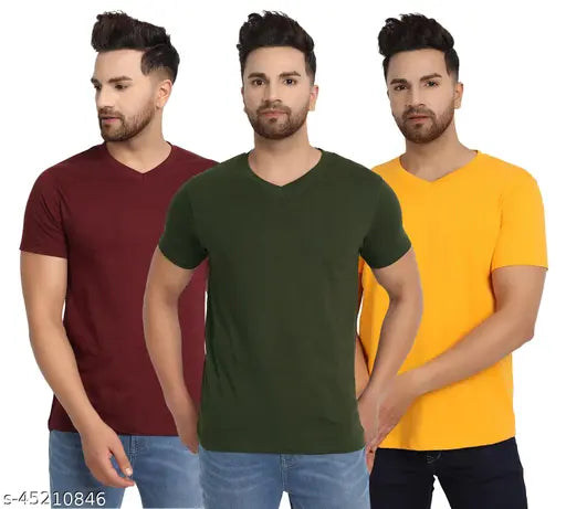 Port Wine, Olive Green, Golden Yellow men's V-Neck casual t-shirts (pack of 3) - premium bio-washed cotton, 180 GSM, ideal for lounge or work-from-home wear