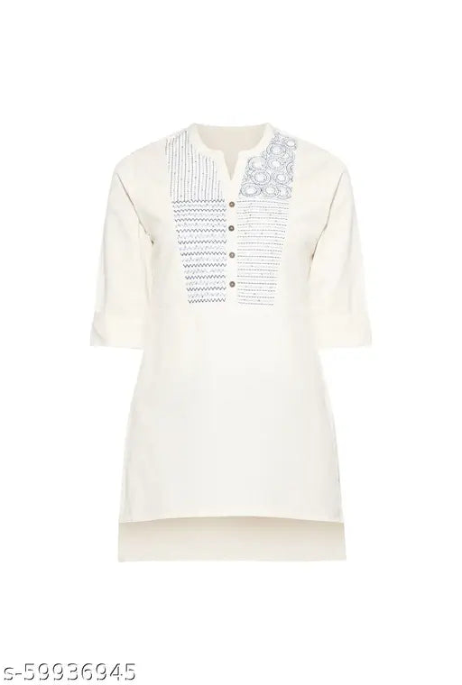 Trendy cotton-blend short-sleeved kurti, printed combo, XS (36in bust) - Indian embroidered fashion wear