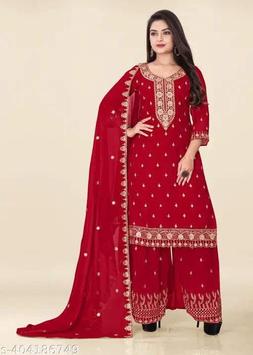 Georgette Zari Embroidery Kurta Sharara and dupatta set, heavy embroidery work for functions and festive wear. Indian-made palazzo set with matching dupatta and sharara. Three-quarter sleeves, M size (bust 38", top length 42", bottom waist 34", bottom length 40", dupatta length 2.1", shoulder 13")