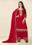 Georgette Zari Embroidery Kurta Sharara and dupatta set, heavy embroidery work for functions and festive wear. Indian-made palazzo set with matching dupatta and sharara. Three-quarter sleeves, M size (bust 38", top length 42", bottom waist 34", bottom length 40", dupatta length 2.1", shoulder 13")