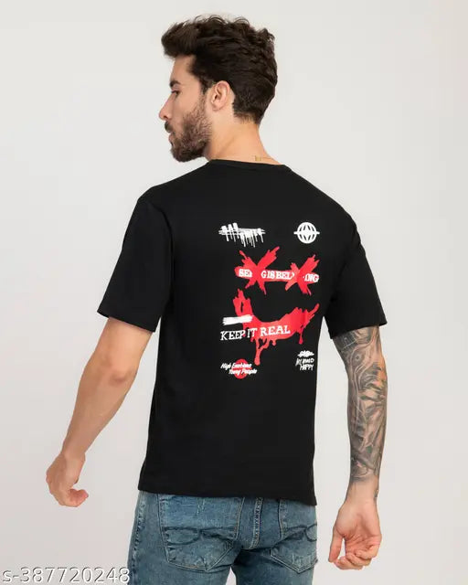 Black cotton blend round neck T-shirt, printed typography by Stylogue men's apparel, ideal for casual and sportswear