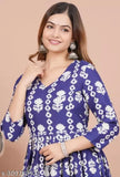 Blue floral print rayon Anarkali kurti, comfortable and stylish for women's ethnic wear. Rayon fabric, three-quarter sleeves, perfect for festive or everyday occasions. #AnarkaliKurti #RayonKurta