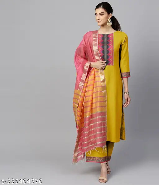 Designer mustard cotton kurti set for women's, single piece with dupatta and bottomwear. Solid-patterned three-quarter sleeves kurti from India, available in sizes XXS-XXL