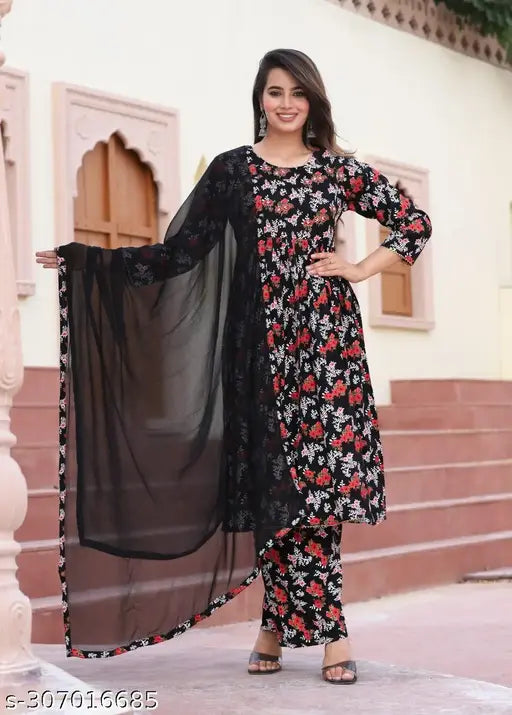 Black rayon floral print kurta, pant & dupatta set with umbrella cut, perfect for special occasions or everyday wear, made in India