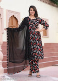 Black rayon floral print kurta, pant & dupatta set with umbrella cut, perfect for special occasions or everyday wear, made in India