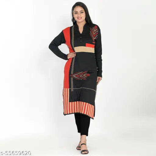 Women's black rayon A-line woven design kurti, three-quarter sleeves, self-design. Warm woolen kurti for daily wear in various occasions, suitable for office, college, parties, family places, and festivals. Hand wash only, comfortable fit, and soft material. Kurti available in sizes L and XL (bust size 40 in, size length 44 in). Perfect blend of comfort and style, ideal for winters. Made in India
