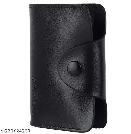 Black leather card holder with 13 slots and 2 cash slots, perfect for everyday use