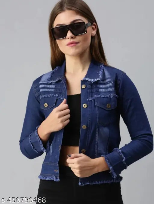 Dark blue denim jacket for women/girls, long sleeves, solid design. Perfect layering piece for summer and winter seasons